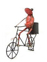 Kikker op fiets met bloempot van oud blik en ijzer