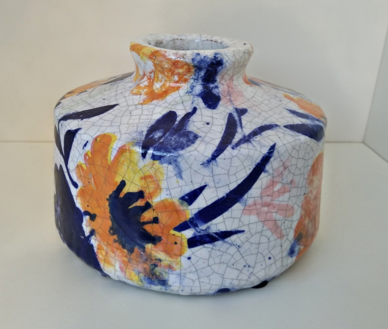 Aardewerk platte vaas flower blauw - oranje M