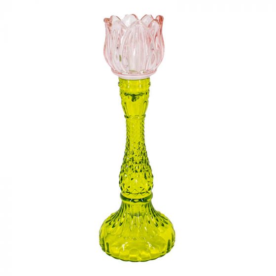 Glazen kaarsenstandaard tulp groen/roze - L