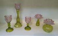 Glazen kaarsenstandaard tulp groen/roze - L