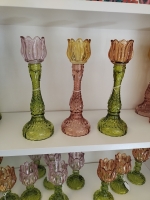 Glazen kaarsenstandaard tulp roze/geel -L