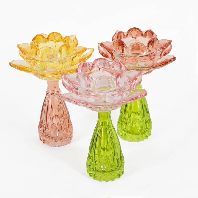 Glazen waxinehouder bloem roze/geel