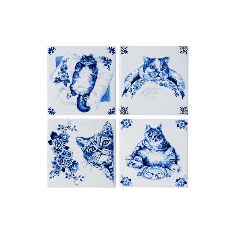 Onderzetters luie kat - Delfts Blauw