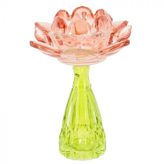 Glazen waxinehouder bloem groen/zalm