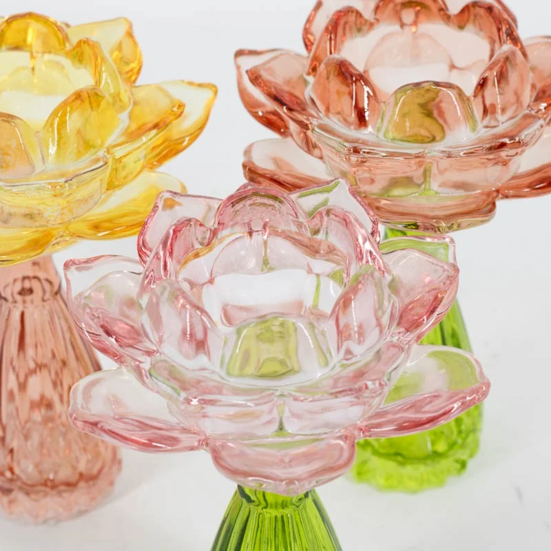 Glazen waxinehouder bloem groen/roze