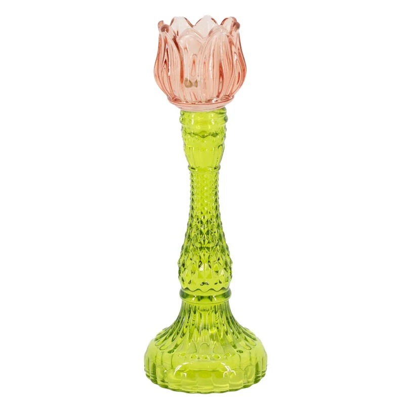 Glazen kaarsenstandaard tulp groen/zalm - L
