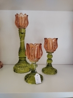 Glazen kaarsenstandaard tulp groen/zalm - L