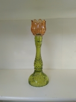 Glazen kaarsenstandaard tulp groen/zalm - L