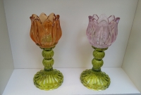 Glazen kaarsenstandaard tulp groen/roze - M