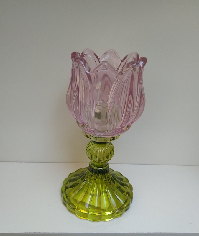 Glazen kaarsenstandaard tulp groen/roze - S