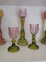 Glazen kaarsenstandaard tulp groen/roze - S