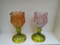 Glazen kaarsenstandaard tulp groen/roze - S