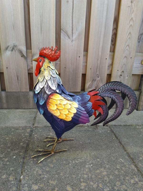 Metalen decoratie haan gekleurd