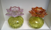 Glazen waxinehouder bol groen/zalm