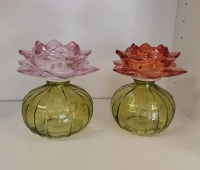 Glazen waxinehouder bol groen/roze