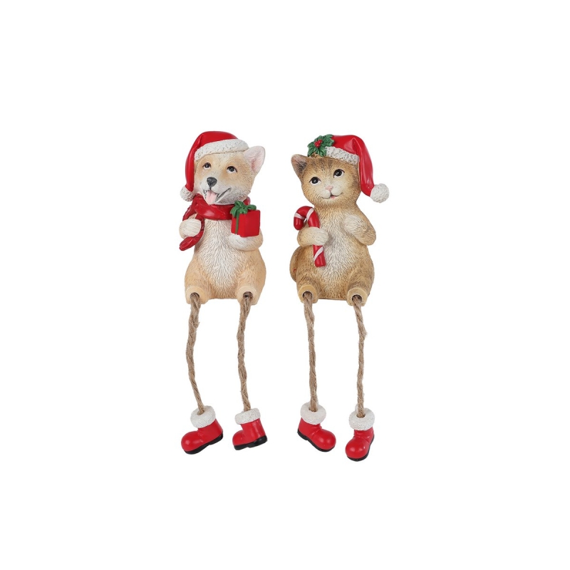 Beeldje Kerst hond of kat met bungelbeentjes