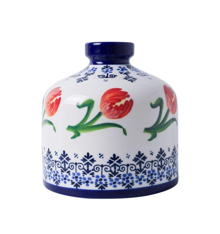 Vaas rond oranje tulp - Delfts Blauw