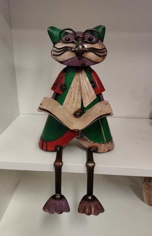 Zittende kat met boek van gerecycled blik