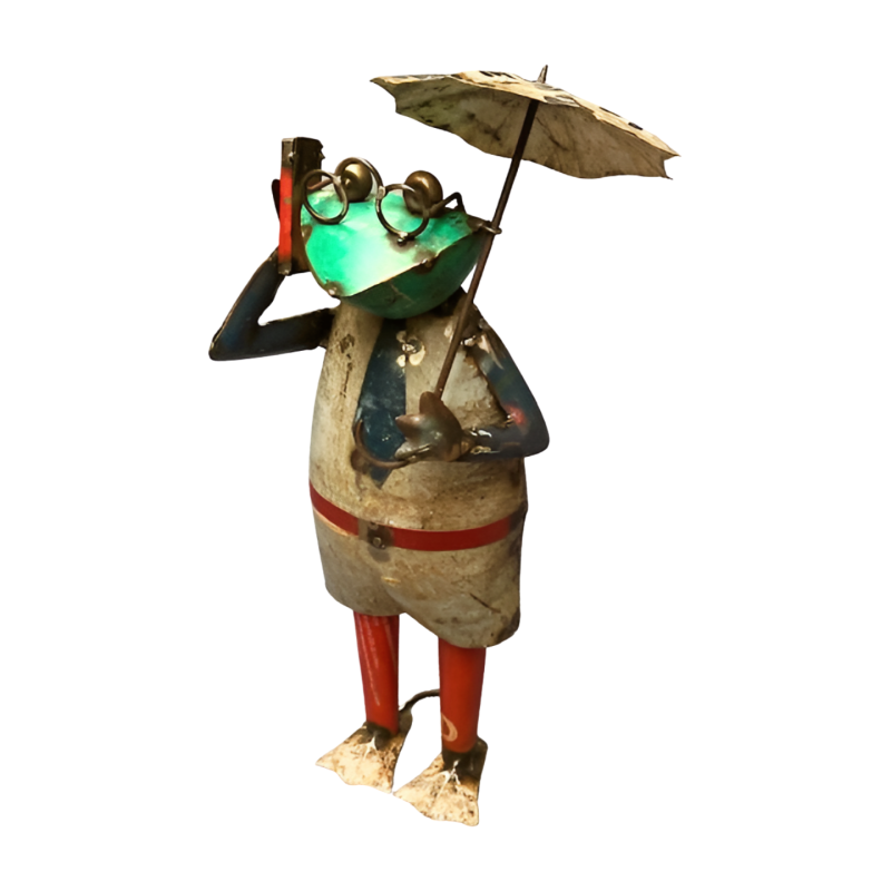 Kikker met telefoon en plu van gerecycled blik