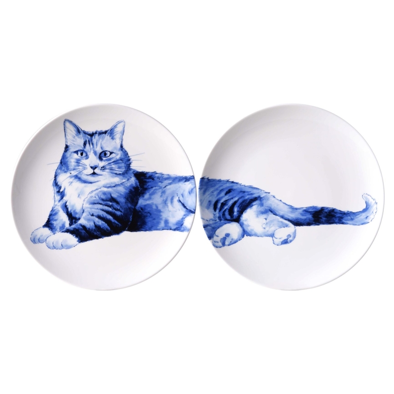 Wandbord Relaxte Kat - Tweeluik - Delfts Blauw