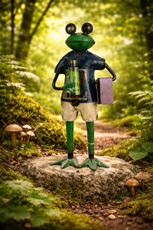 Kikker met waterfles van gerecycled blik