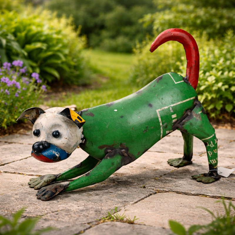 Strekkende hond van gerecycled blik