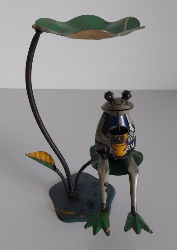 Kikker onder blad van gerecycled blik