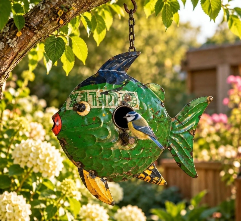 Vogelhuisje vis van gerecycled blik