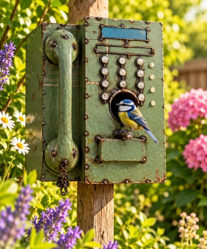 Vogelhuisje telefoon van gerecycled blik