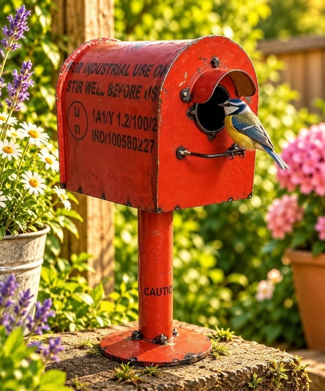 Vogelhuisje brievenbus van gerecycled blik