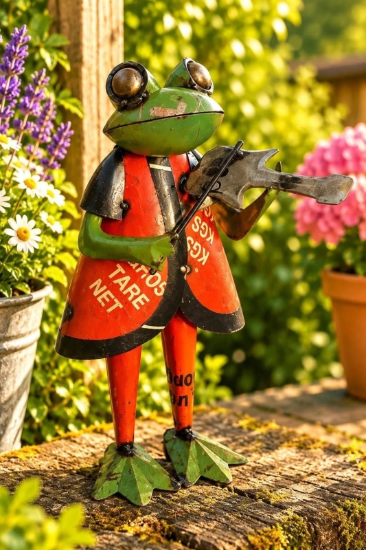 Kikker met viool van gerecycled blik