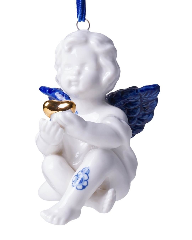 Kerstornament engel met hart  - Delfts Blauw