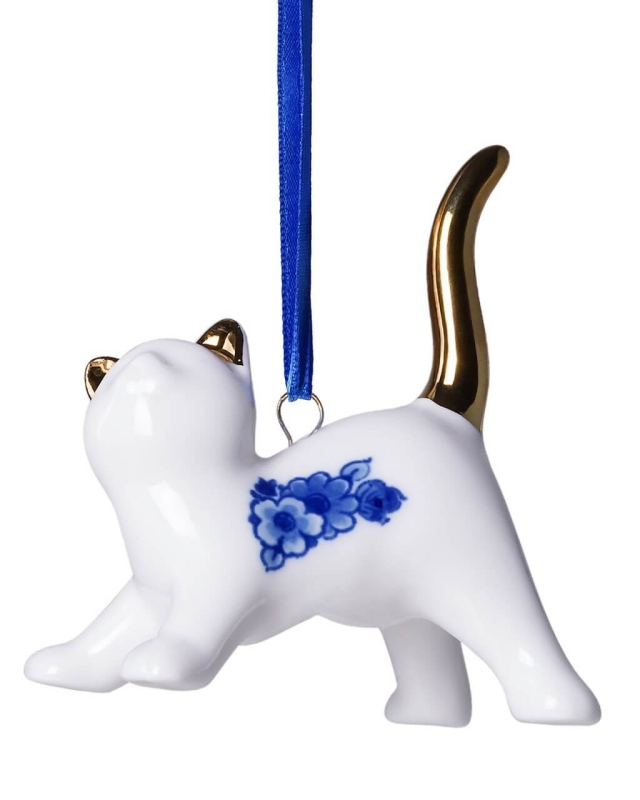 Kerstornament kat speels  - Delfts Blauw