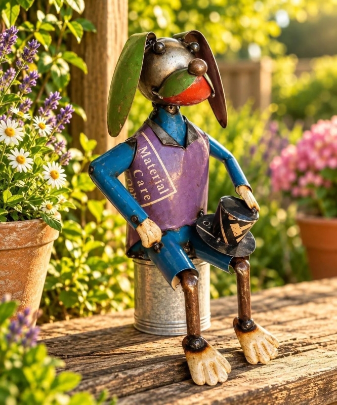 Zittende hond met hoed van gerecycled blik