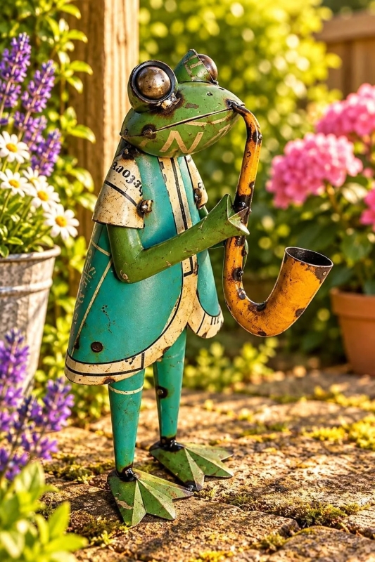 Kikker met saxofoon van gerecycled blik